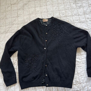 Vintage Black Cashmere Cardigan Sweater with floral bead work • Size: S / M